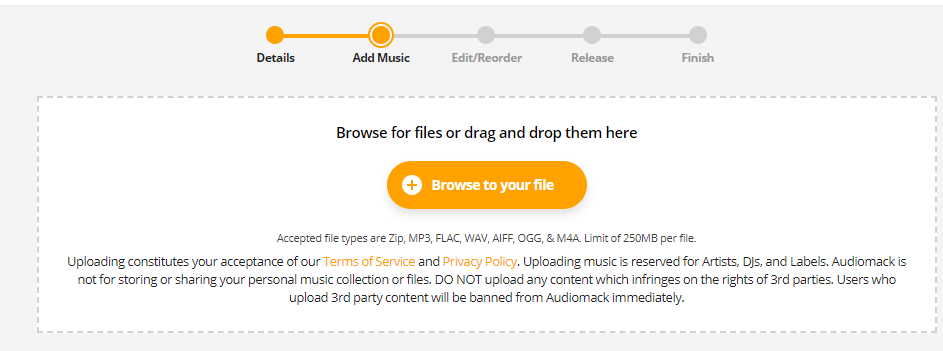 select file and upload on audiomack