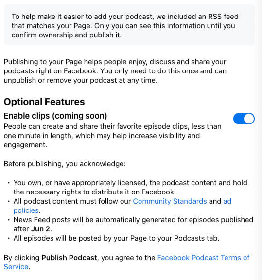 Facebook Podcast Optional Features of Enabling Clips