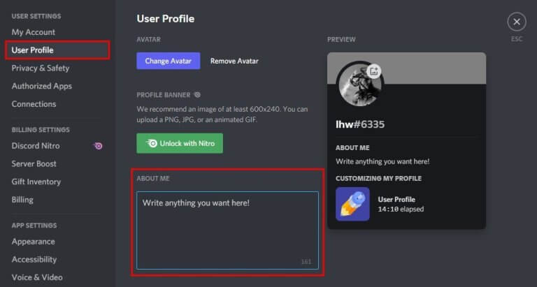 Edit "About Me" option in discord