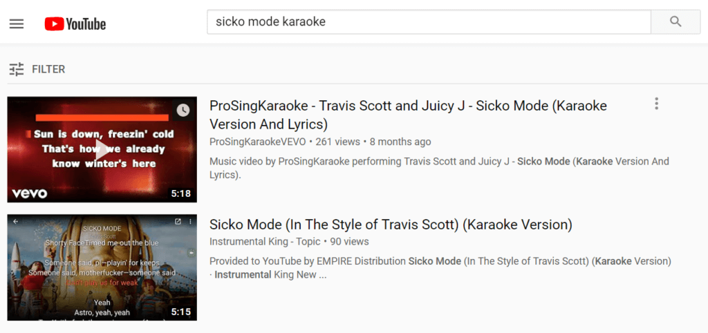 Karaoke song list in Youtube