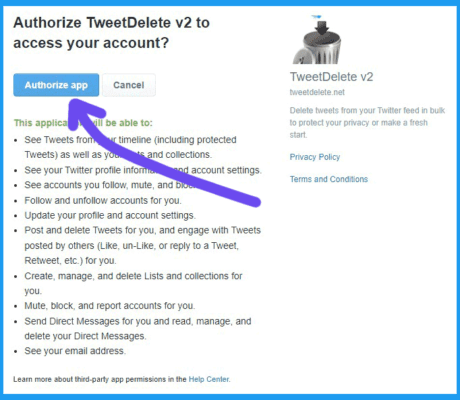 Authorize app TweetDelete v2 for your Twitter account