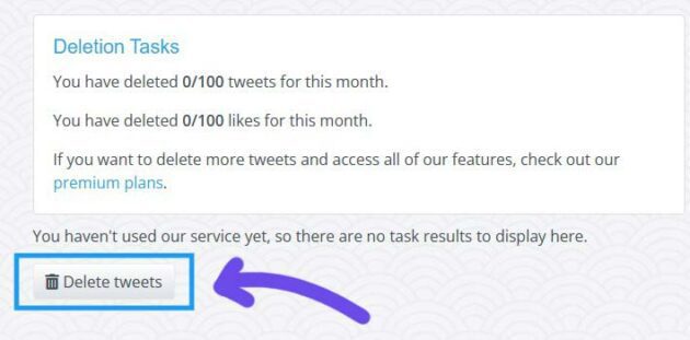 Tweet Deletion Tasks page on TweetDelete website.