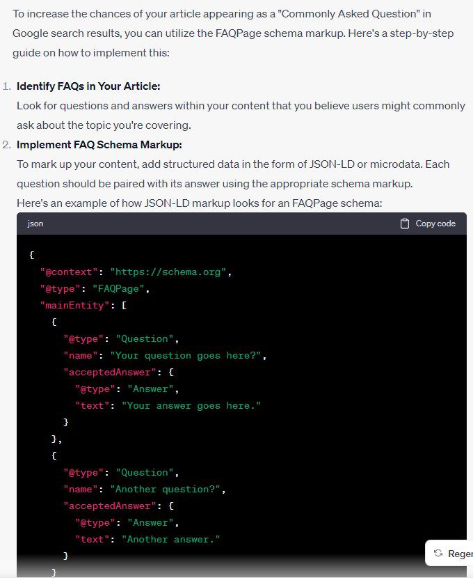 FAQ Page schema markup instructions from ChatGPT
