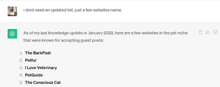 ChatGPT answering with a list of websites for guest posting.