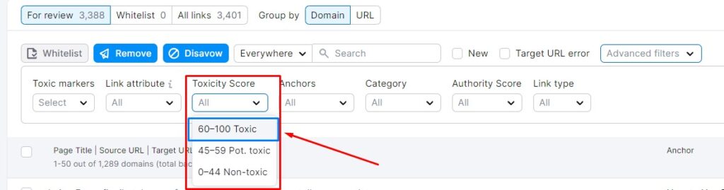 Filter backlinks (referring domains) using the Toxicity Score