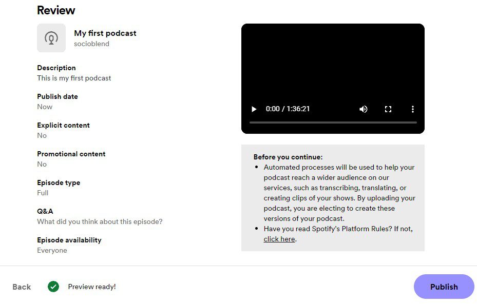 Review your Podcast on Spotify and hit Publish button