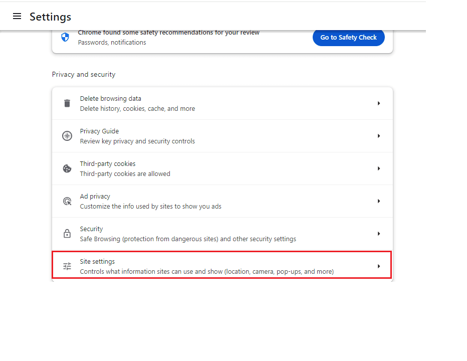 site settings option