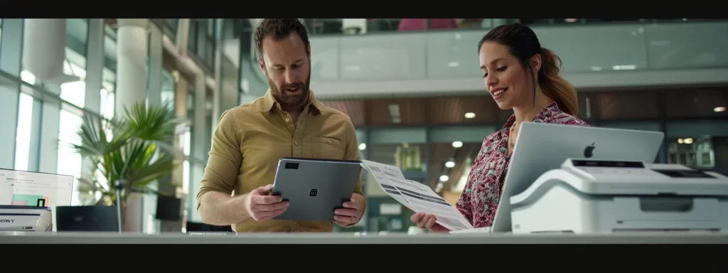 Teammates looking at the capabilities of their organization's new online faxing software as they are transitioning from their old fax machines.