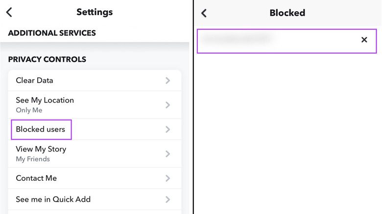 Snapchat Settings menu with ‘Blocked users’ option highlighted
