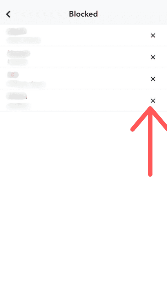 Blocked users list showing the X to unblock