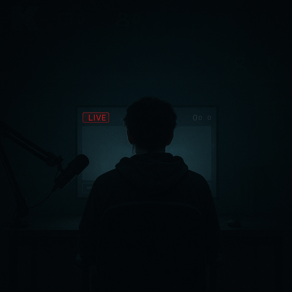 A streamer sitting in front of a glowing computer screen, surrounded by darkness, streaming to an empty room. The screen shows “LIVE” with zero viewers or messages, symbolizing being unseen. 