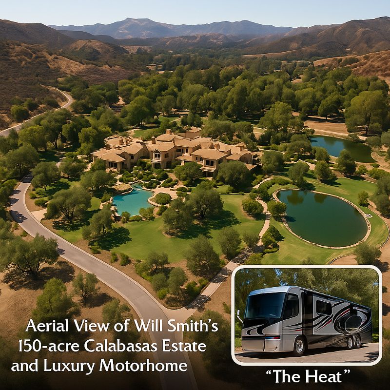 Aerial view of Will Smith’s 150-acre Calabasas estate and luxury motorhome ‘The Heat.’