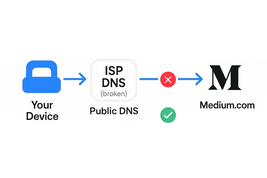 Illustration showing ISP level DNS routing error causing Medium.com to fail loading in India 1