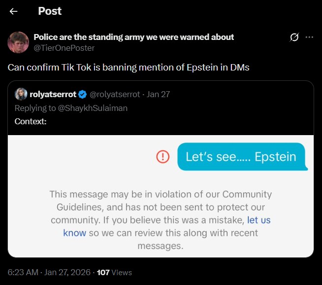 confirming TikTok is banning mention of Epstein in DMs
