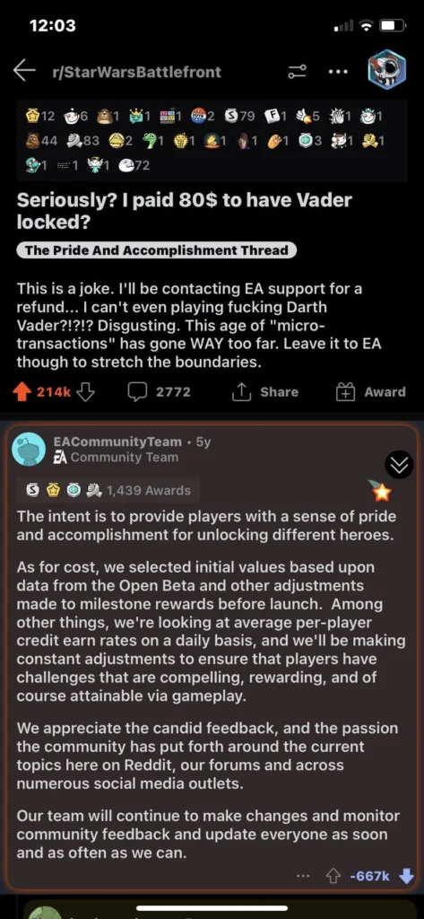 Screenshot of a Reddit thread in the r/StarWarsBattlefront subreddit showing a user complaining about paying $80 and having Darth Vader locked. Below it is an official response from the EA Community Team explaining that the unlock system was intended to provide players with a “sense of pride and accomplishment.” The EA comment shows a score of approximately -667,000 downvotes.