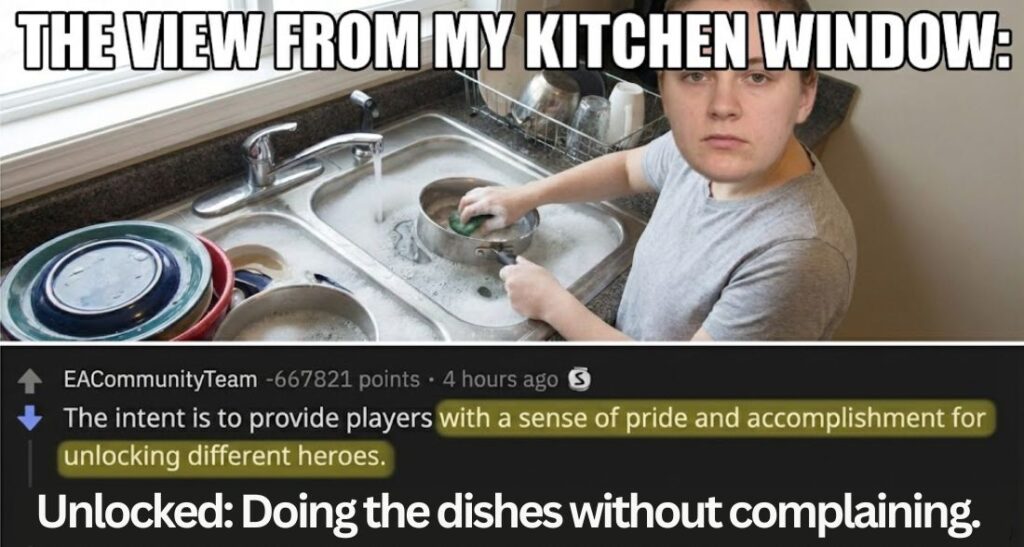 Meme image with the text “The view from my kitchen window.” The image shows a person washing dishes at a sink. Below it is a screenshot of the EA Community Team comment containing the phrase “sense of pride and accomplishment,” followed by the text “Unlocked: Doing the dishes without complaining.” The meme humorously applies the controversial phrase to a mundane household task.
