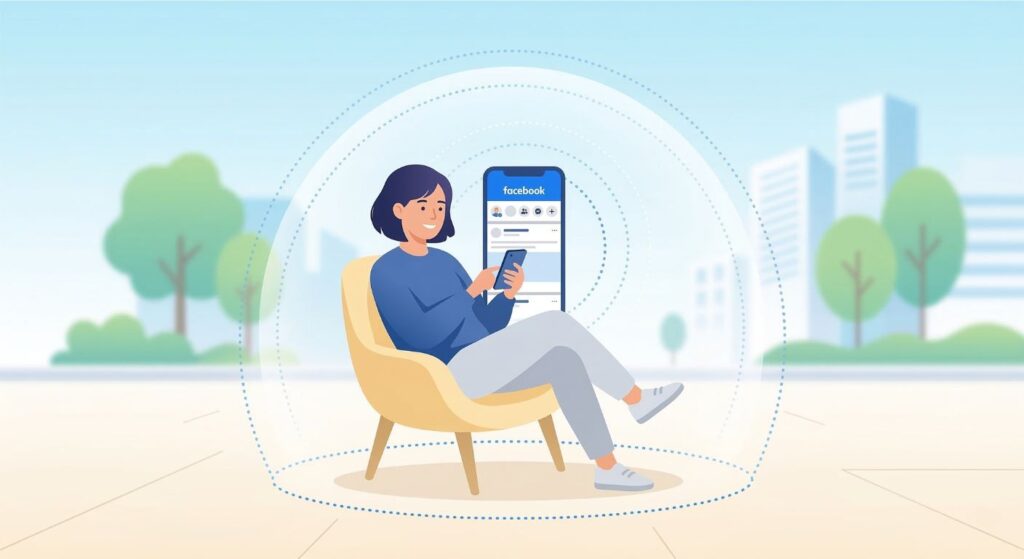 A clean, minimalist vector illustration. A person is sitting comfortably in an armchair, using a smartphone with the blue and white Facebook mobile interface visible on the screen. The person appe