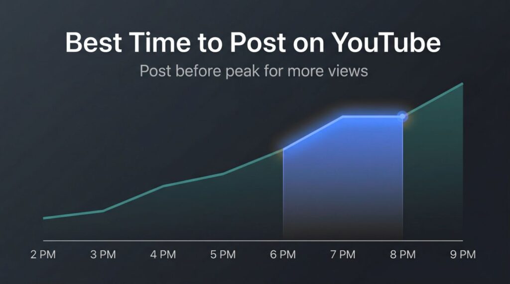 Best Time to Post on YouTube to Get More Views – Full Guide line graph showing best time to post on youtube with peak viewing hours between 6 pm and 8 pm and increasing views over time