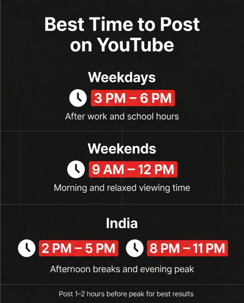 Best Time to Post on YouTube Infographic (Weekdays, Weekends, India)