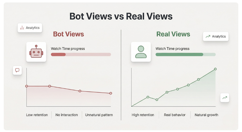 Comparison of bot views and real views on YouTube showing differences in watch time, retention, and growth patterns