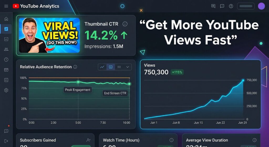 How to Get YouTube Views Fast (Free + Paid Methods That Actually Work in 2026) YouTube analytics dashboard showing high CTR, audience retention, and increasing views for fast YouTube growth