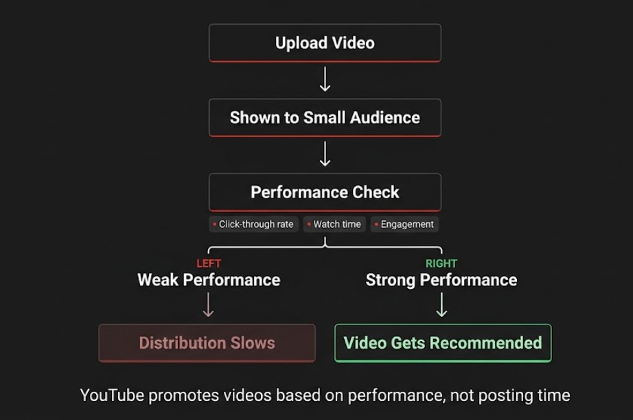flowchart showing how youtube algorithm promotes videos based on performance including click through rate watch time engagement and distribution decision