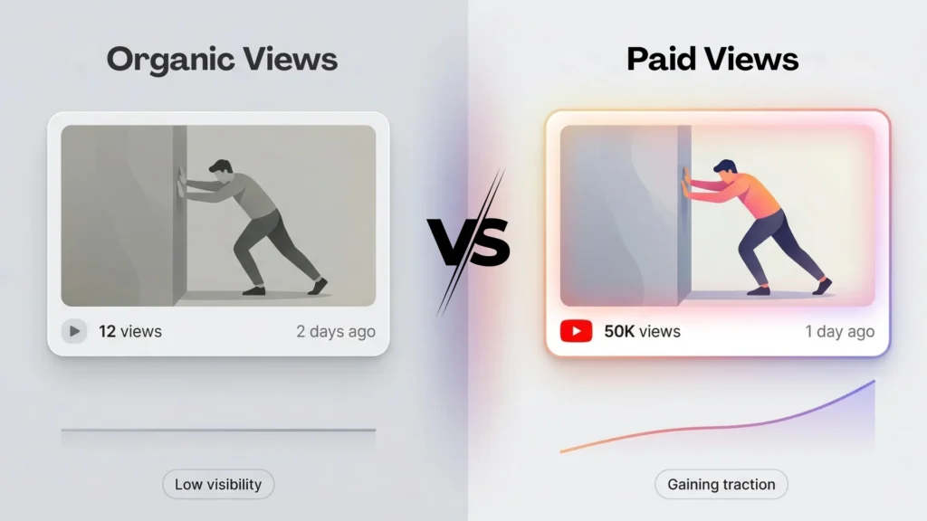 Comparison of organic and paid YouTube views showing low visibility with 12 views versus high growth with 50K views and increasing traction