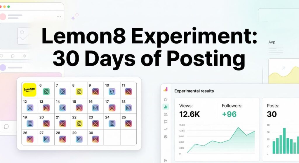Featured image showing a Lemon8 experiment case study with the title “Lemon8 Experiment: 30 Days of Posting”, a calendar displaying daily social media posts across 30 days, and an analytics dashboard showing results including 12.6K views, +96 followers, and 30 total posts.