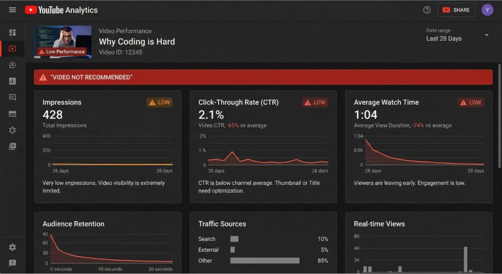 YouTube analytics dashboard showing low CTR, low watch time, and video not recommended due to poor performance