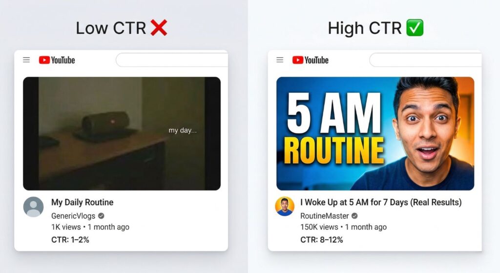 YouTube thumbnail comparison showing low CTR vs high CTR with example titles and thumbnails