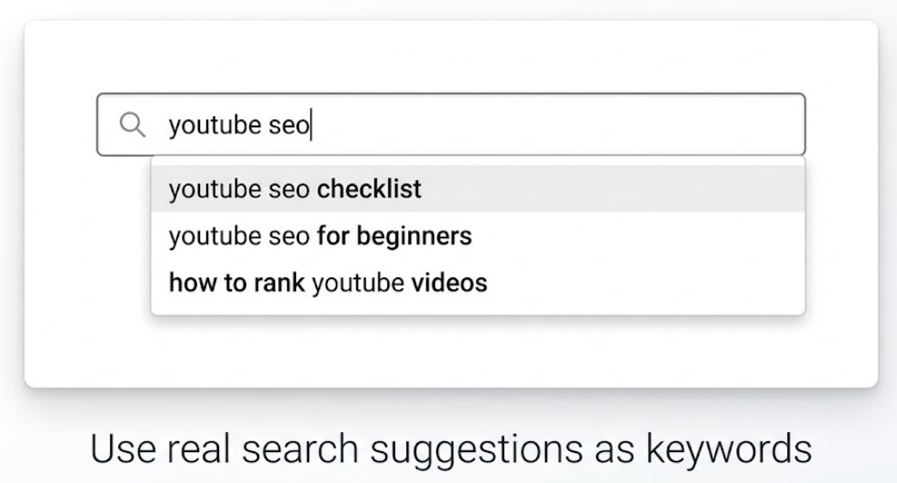 YouTube search bar showing autocomplete keyword suggestions like youtube seo checklist and how to rank youtube videos for keyword research