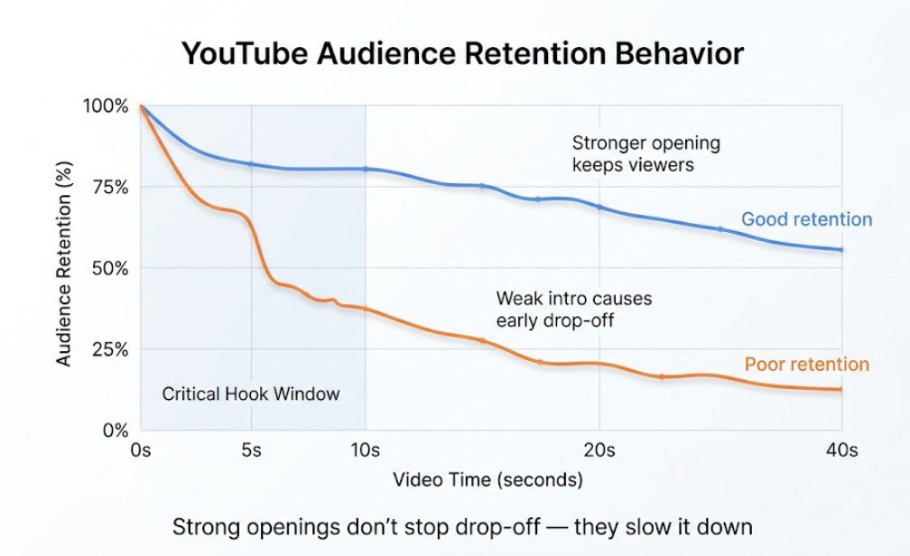 YouTube analytics-style graph showing audience retention percentage over time, comparing good retention from strong opening with poor retention from weak intro