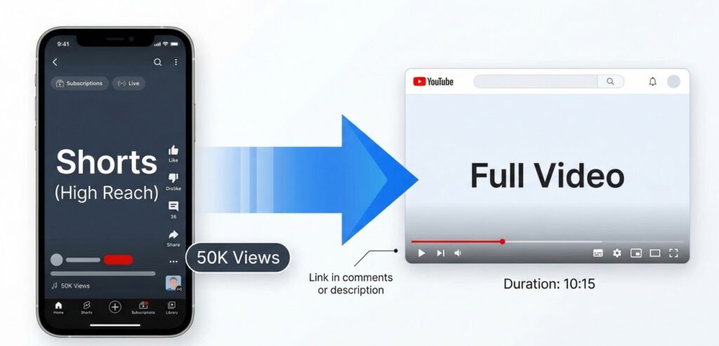 YouTube Shorts funnel showing how short videos with high reach drive traffic to full YouTube videos