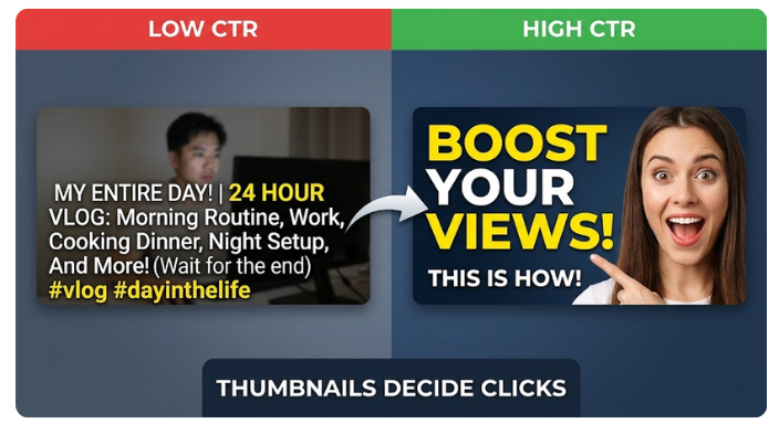 Comparison of two YouTube thumbnails showing low CTR with cluttered text and poor design versus high CTR with bold text, clear visuals, and an expressive face, highlighting how thumbnails impact clicks
