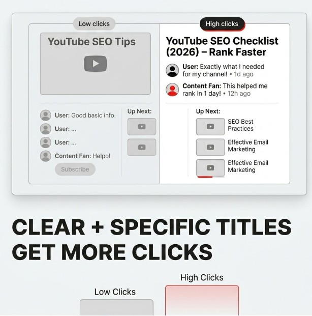Comparison of YouTube video titles showing generic title with low clicks versus specific keyword-rich title with high clicks to improve click-through rate