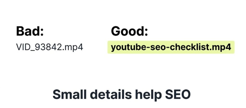 Comparison of bad vs good YouTube video file naming for SEO, highlighting keyword-optimized filename to improve video discoverability
