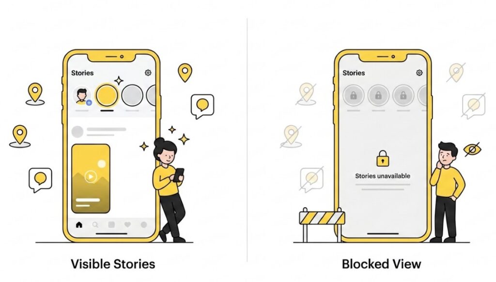 Comparison showing Snapchat story visibility: normal user can view stories while a blocked user sees locked stories and “Stories unavailable”.