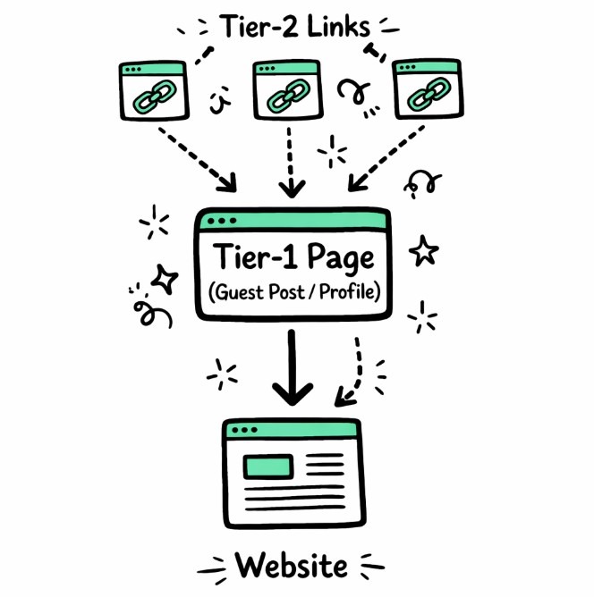 Tier-2 links supporting a Tier-1 page that passes authority to the main website in a tiered backlink structure.