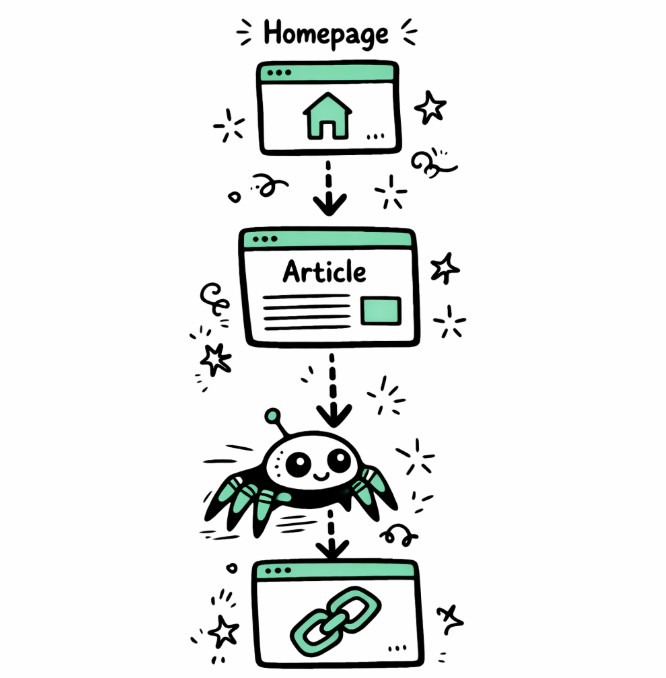 Internal linking structure showing a homepage linking to an article, helping search crawlers discover and index a backlink.