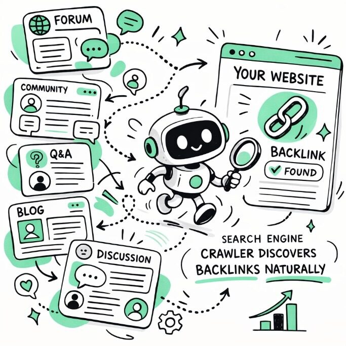 Search engine crawler discovering backlinks from high-crawl websites like forums and blogs