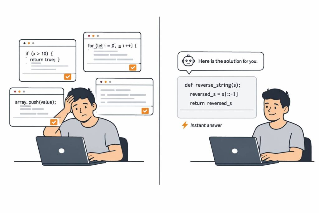 Illustration comparing a developer searching through multiple Stack Overflow threads on the left with a developer receiving an instant AI coding solution on the right.