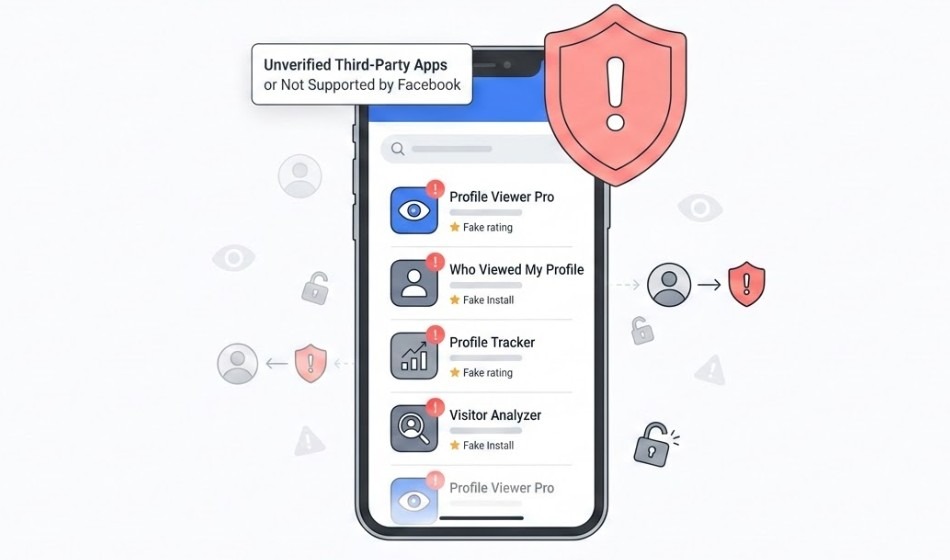 Illustration showing fake apps claiming to reveal Facebook profile viewers with a warning that they are unverified third-party apps