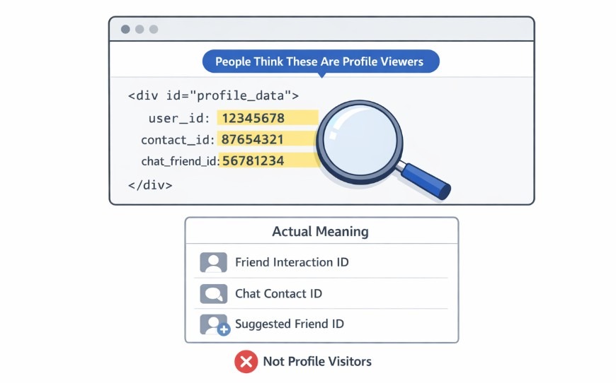 Illustration explaining the Facebook profile source code myth showing IDs that are not actual profile viewers