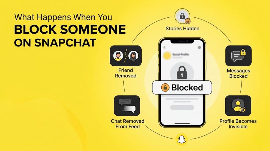 infographic showing the cycle, of what happens when someone blocks you on Snapchat
