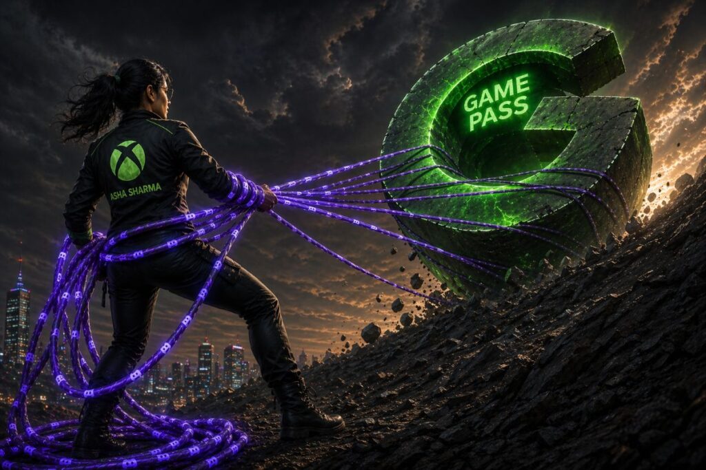 Cinematic digital artwork of Asha Sharma standing on a rocky slope, pulling glowing purple cables to stabilize a massive green Xbox Game Pass symbol sliding downhill. She wears a black jacket with an Xbox logo and her name on the back, with a stormy sky and city skyline in the background.