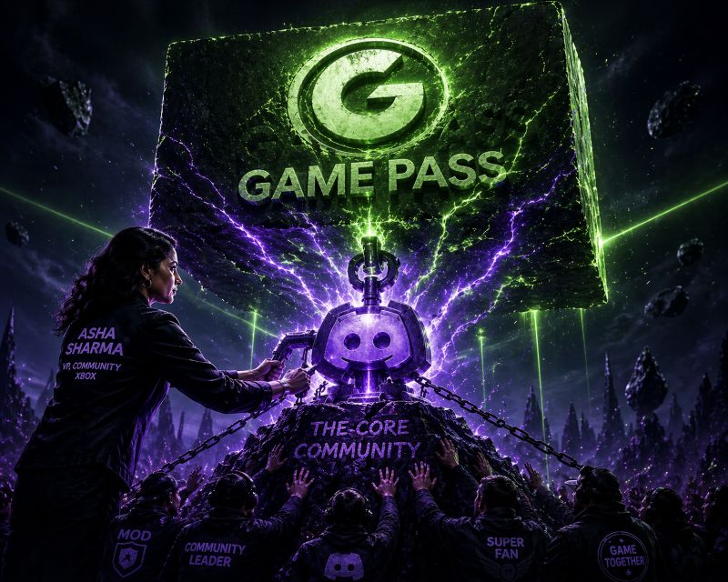 Dramatic sci-fi scene showing Asha Sharma operating a glowing purple Discord-shaped anchor to stabilize a massive floating green Game Pass structure, while community members below support the foundation with purple and green energy surging upward.