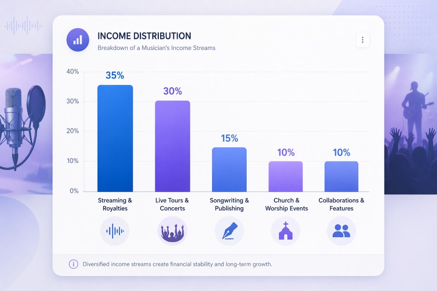 Bar chart showing Brandon Lake income distribution including streaming royalties 35 percent, live tours 30 percent, songwriting 15 percent, church events 10 percent, and collaborations 10 percent