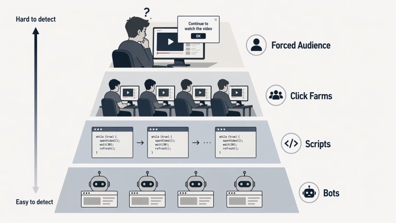 Illustration showing a pyramid of fake YouTube view sources, from bots and scripts at the bottom to click farms and forced audience at the top, ranked by how difficult they are to detect