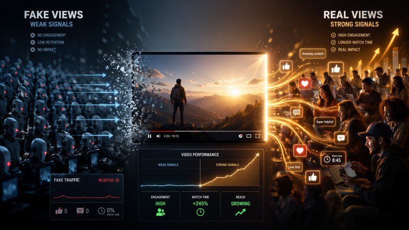 Comparison of fake YouTube views vs real audience engagement showing low retention bot traffic being rejected and real viewers generating watch time, likes, and growth signals