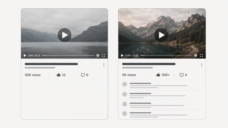 Illustration comparing a YouTube video with high views but low engagement against a video with fewer views but strong likes and comments, highlighting the mismatch between views and real audience interaction